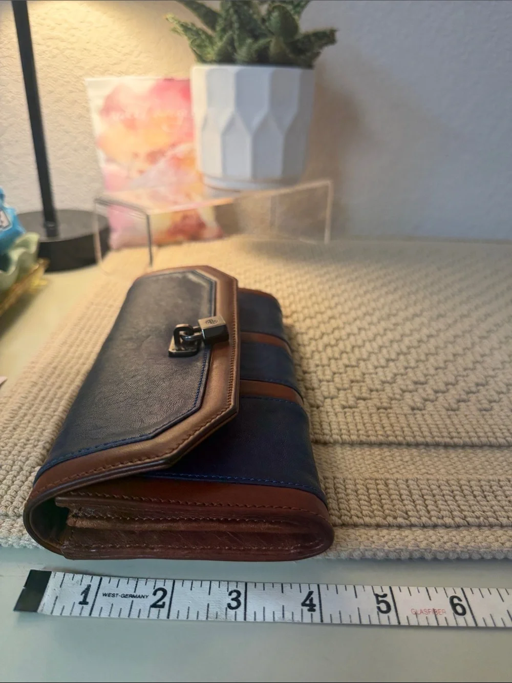 Tory Burch Navy and Brown Leather Clutch Wallet